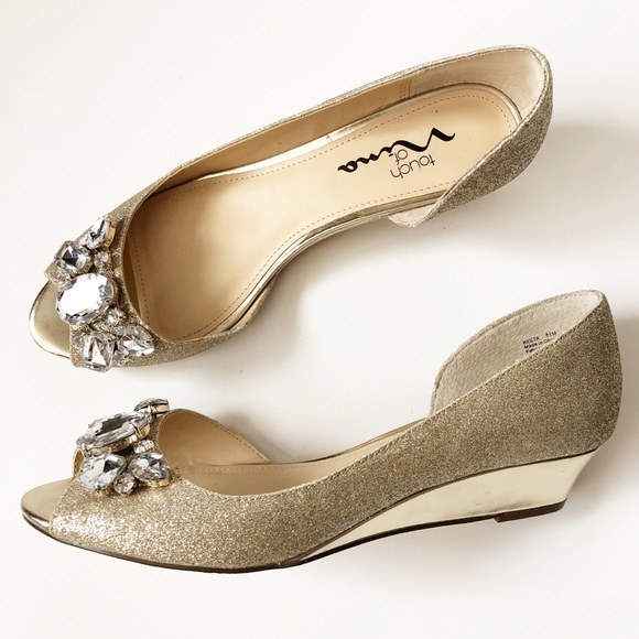 Touch of Nina Shoes - NEW Crystal Gold Wedge Bridal Wedding Peep Shoes